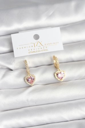 Pirinç Gold Pembe Renk Zirkon Taşlı Kalp Model Kadın Küpe