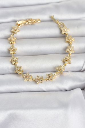 Pirinç Gold Renk Zirkon Taşlı Sıralı Yıldız Model Kadın Bileklik