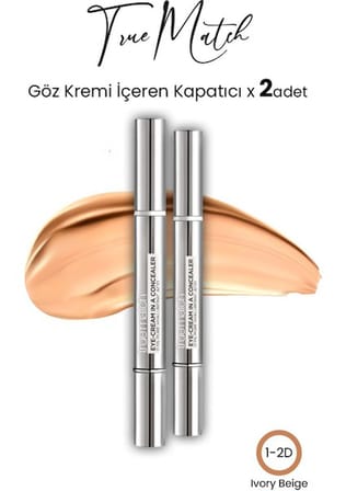 Kapatici & True Match Göz Kremi İçeren 2Sİ 1 Arada No: 1-2D Ivory Beige