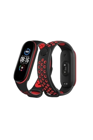Mi Band 4 Spor Delikli Kordon - Siyah-Kırmızı
