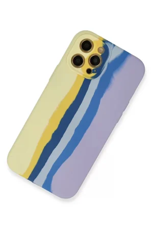 iPhone 12 Pro Max Kılıf Ebruli Lansman Silikon - Sarı-Lila
