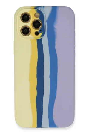 iPhone 12 Pro Max Kılıf Ebruli Lansman Silikon - Sarı-Lila