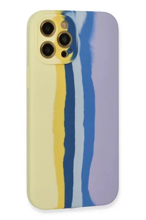 iPhone 12 Pro Max Kılıf Ebruli Lansman Silikon - Sarı-Lila