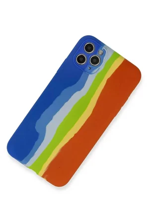 iPhone 11 Pro Kılıf Ebruli Lansman Silikon - Mavi-Turuncu