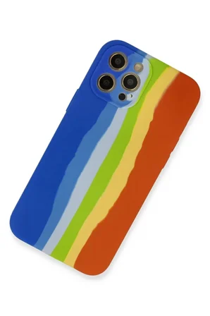 iPhone 12 Pro Kılıf Ebruli Lansman Silikon - Mavi-Turuncu