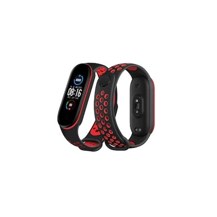 Mi Band 6 Spor Delikli Kordon - Siyah-Kırmızı