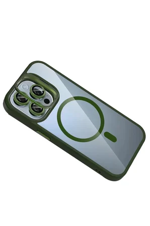 iPhone 15 Pro Max Remim Lensli Magsafe Standlı Kapak - Koyu Yeşil