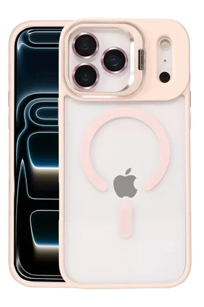 iPhone 17 Pro Max Remim Lensli Magsafe Standlı Kapak - Pembe