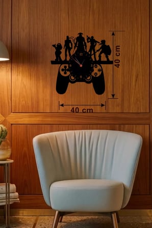 Gamer Oyun Odası Dekoratif Duvar Saati - 40x40 cm Lazer Kesim Ahşap Joystick ve Oyun Karakterli Saat