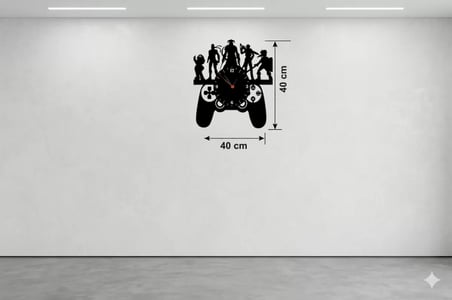 Gamer Oyun Odası Dekoratif Duvar Saati - 40x40 cm Lazer Kesim Ahşap Joystick ve Oyun Karakterli Saat