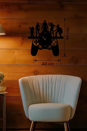 Gamer Oyun Odası Dekoratif Duvar Saati - 40x40 cm Lazer Kesim Ahşap Joystick ve Oyun Karakterli Saat