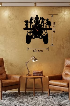 Gamer Oyun Odası Dekoratif Duvar Saati - 40x40 cm Lazer Kesim Ahşap Joystick ve Oyun Karakterli Saat