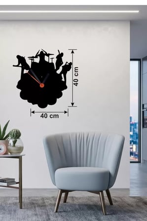 Rock Band ve Müzik Temalı Ahşap Duvar Saati - 40x40 cm Lazer Kesim