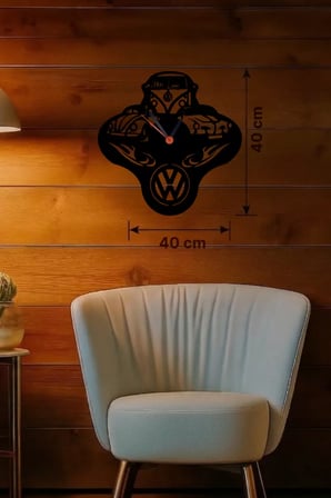 Vosvos ve Retro Araba Temalı Ahşap Duvar Saati - 40x40 cm Lazer Kesim