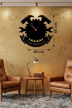 Car Service Temalı Ahşap Duvar Saati - 40x40 cm Teknik Servis Dekoru