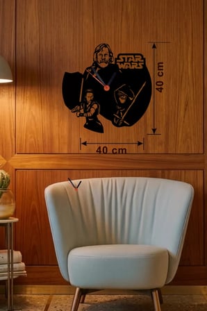 Star Wars Temalı Ahşap Duvar Saati - 40x40 cm Lazer Kesim Dekoratif