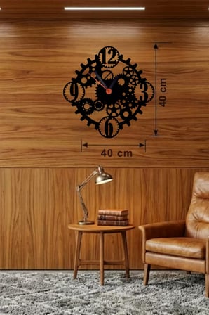Mekanik Dişli Çark Tasarım Ahşap Duvar Saati - 40x40 cm Steampunk Dekor