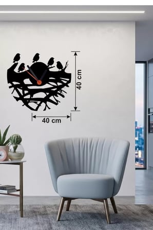 Dallarda Kuşlar Tasarım Ahşap Duvar Saati - 40x40 cm Dekoratif Saat