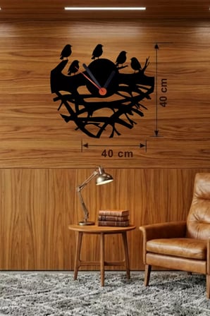 Dallarda Kuşlar Tasarım Ahşap Duvar Saati - 40x40 cm Dekoratif Saat
