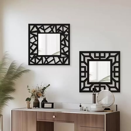 2'li Set Kırılmaz Pleksi Dekoratif Duvar Aynası - 22.5x22.5 cm Geometrik Çerçeveli 1. Sınıf Ayna