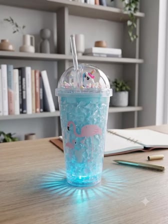 Işıklı Unicorn ve Flamingo Desenli Çift Katmanlı Jel Buzlu Pipetli Bardak - 450ml - Renk Değiştiren LED Tabanlı