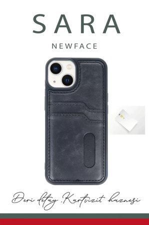 iPhone 15 Sara Kartvizitli Deri Kılıf - Lacivert