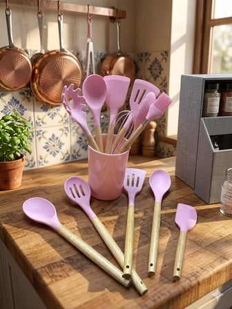 12 Parça Bambu Saplı Silikon Mutfak Gereçleri Seti - Pembe Mutfak Servis Seti