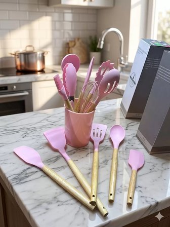 12 Parça Bambu Saplı Silikon Mutfak Gereçleri Seti - Pembe Mutfak Servis Seti