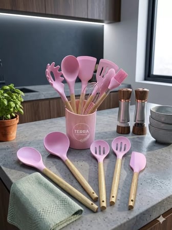 12 Parça Bambu Saplı Silikon Mutfak Gereçleri Seti - Pembe Mutfak Servis Seti