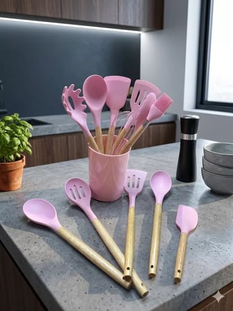 12 Parça Bambu Saplı Silikon Mutfak Gereçleri Seti - Pembe Mutfak Servis Seti