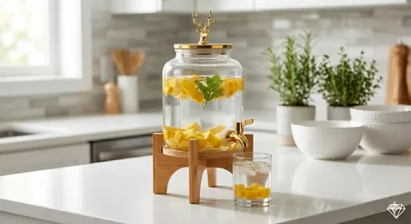 Geyik Figürlü Gold Lüks Cam İçecek Sebili - 3.6 Litre Bambu Standlı Meyve Suyu Kovası