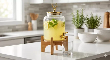 Geyik Figürlü Gold Lüks Cam İçecek Sebili - 3.6 Litre Bambu Standlı Meyve Suyu Kovası