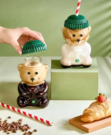 Ayı Figürlü Cam Bardak Pipetli ve Bereli Tasarım - Dekoratif Soğuk Kahve ve Meşrubat Bardağı