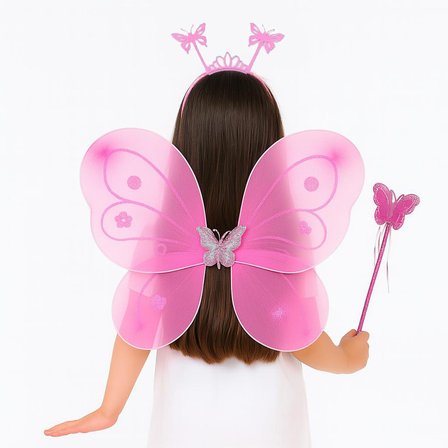 Pembe Kelebek Kız Seti - 50 cm Kelebek Kanadı, Taç ve Asa