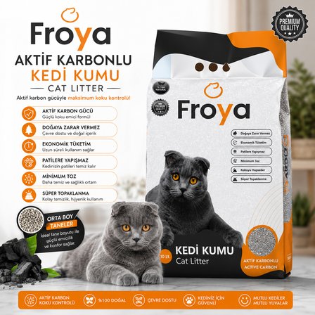 Froya Aktif Karbonlu Kedi Kumu 10 Lt Orta Taneli Topaklanan Kokusuz Doğal Kedi Kumu