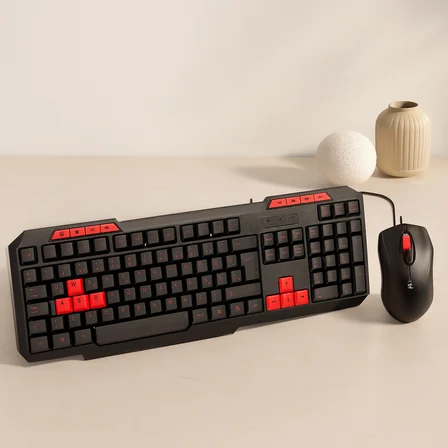 USB Kablolu Klavye Mouse Set - Kırmızı Tuşlu Q Klavye 1600 DPI