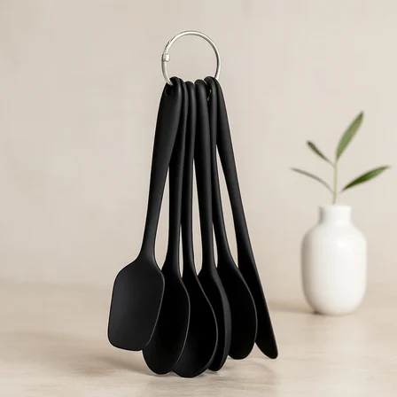 6 Parça Siyah Silikon Mutfak Seti (2 Kaşık, 3 Spatula, Yumurta Fırça)