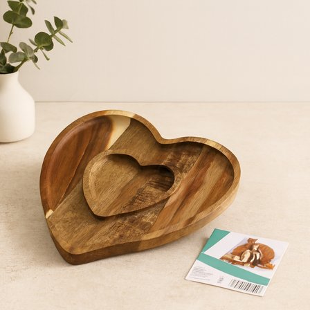 Ahşap Bambu Servis Tepsisi 2 Bölmeli Kalp Model 20x19.5x1.5 cm