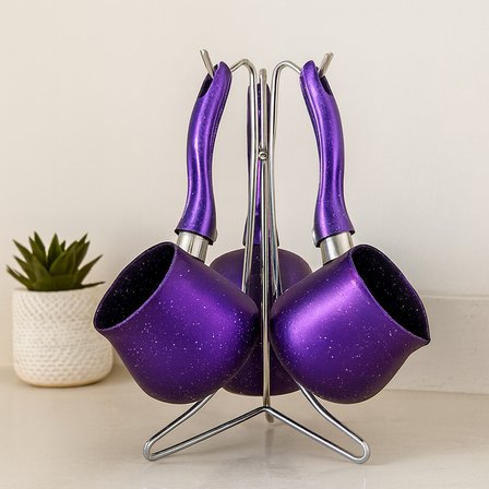 Granit Çelik Cezve Seti 4lü (230/280/380 ml) Metal Standlı