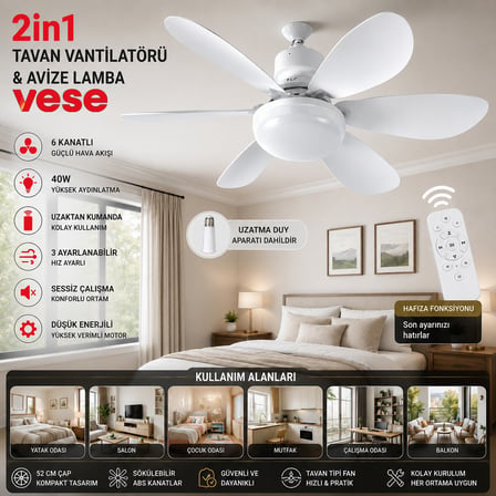 Kumandalı 2si1 Arada Tavan Vantilatör Avize 40W 6 Kanat