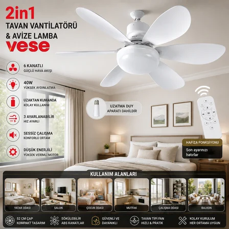 Kumandalı 2si1 Arada Tavan Vantilatör Avize 40W 6 Kanat