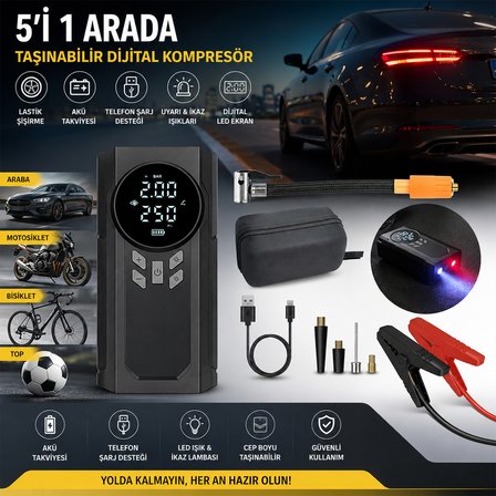 Akü Takviyeli 4-in-1 Kompresörlü Hava Pompası (12V, Dijital Ekran)