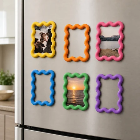 3D Baskı 6lı Asorti Renk Dalgalı Magnet Fotoğraf Çerçevesi Seti - Buzdolabı İçin Mini Manyetik Resim Çerçevesi
