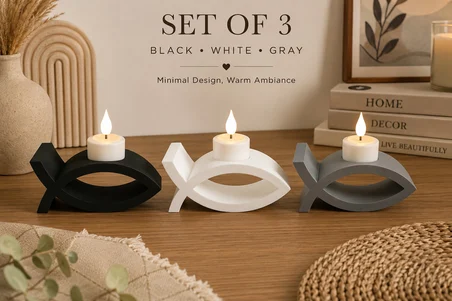 3D Baskı 3lü Balık Figürlü Dekoratif Mumluk Seti - Tealight Mumluk, Modern Ev ve Ofis Dekoru