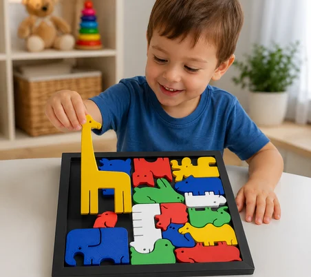 3D Baskı Hayvan Figürlü Ahşap Görünümlü Puzzle Oyunu - Eğitici Zeka ve Şekil Eşleştirme Oyuncağı
