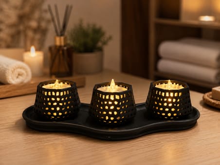 3D Baskı Dekoratif Mumluk Seti - Desenli Tealight ve Masaüstü Aydınlatma Objesi-Siyah