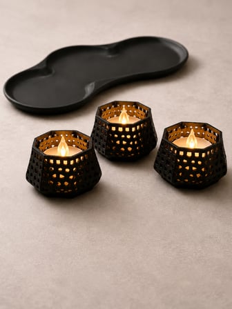 3D Baskı Dekoratif Mumluk Seti - Desenli Tealight ve Masaüstü Aydınlatma Objesi-Siyah
