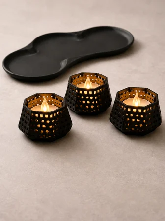 3D Baskı Dekoratif Mumluk Seti - Desenli Tealight ve Masaüstü Aydınlatma Objesi-Siyah