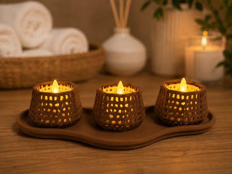3D Baskı Dekoratif Mumluk Seti - Desenli Tealight ve Masaüstü Aydınlatma Objesi-Kahverengi