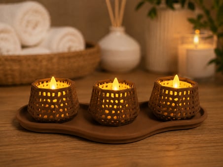 3D Baskı Dekoratif Mumluk Seti - Desenli Tealight ve Masaüstü Aydınlatma Objesi-Kahverengi